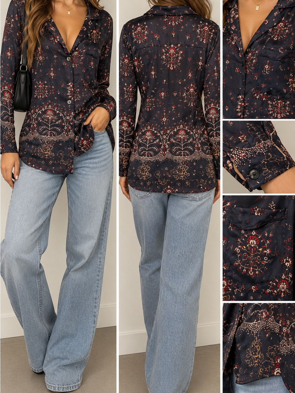 Rebecca Taylor Navy Paisley Floral Border Print Button Down Blouse
